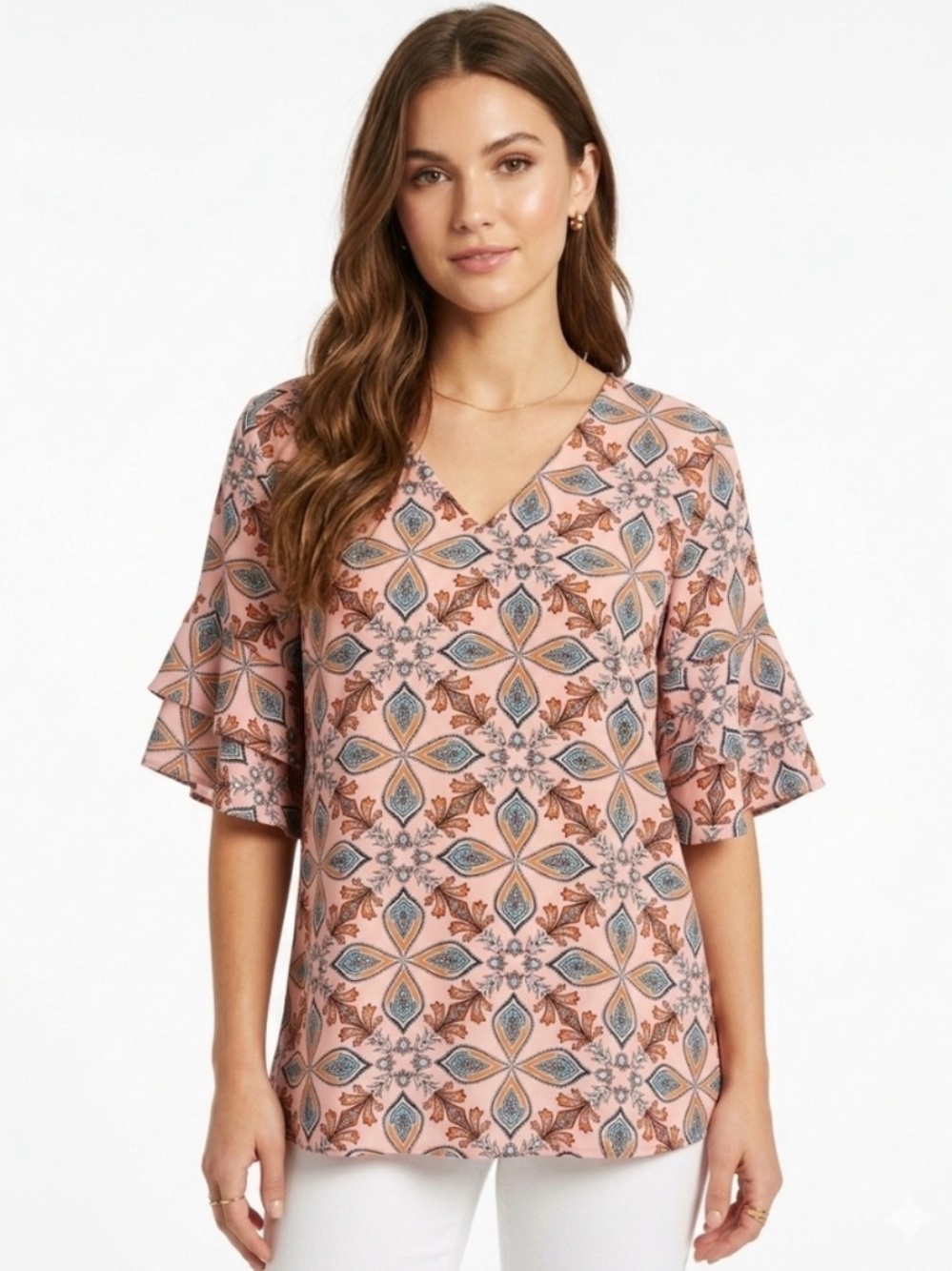 LOFT Peach Pink Geometric V-Neck Ruffle Sleeve Top